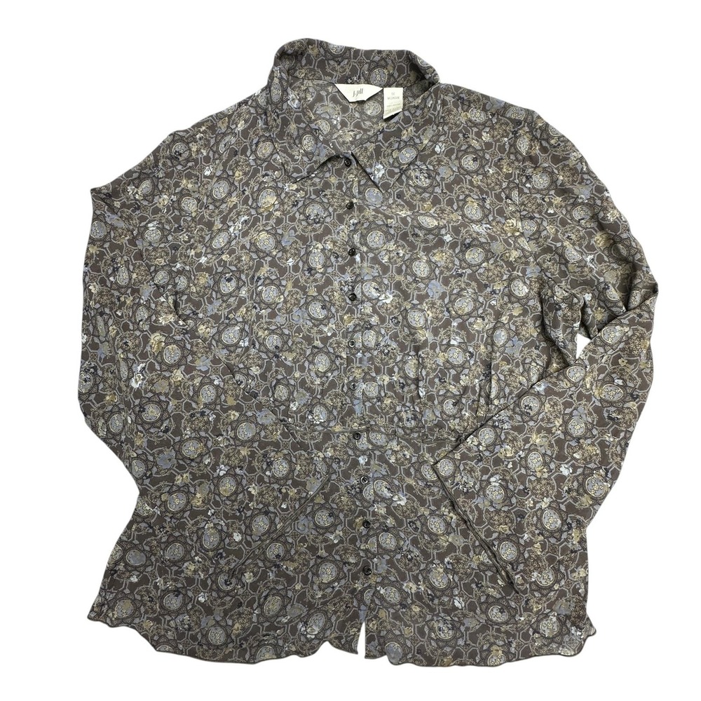 J. Jill Shirt Womens 1X Brown Geometric Ruffle Button Front Rayon Long Sleeve